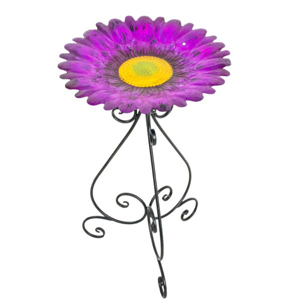 Colorful Purple Flower 24 Inch Metal Bird Bath