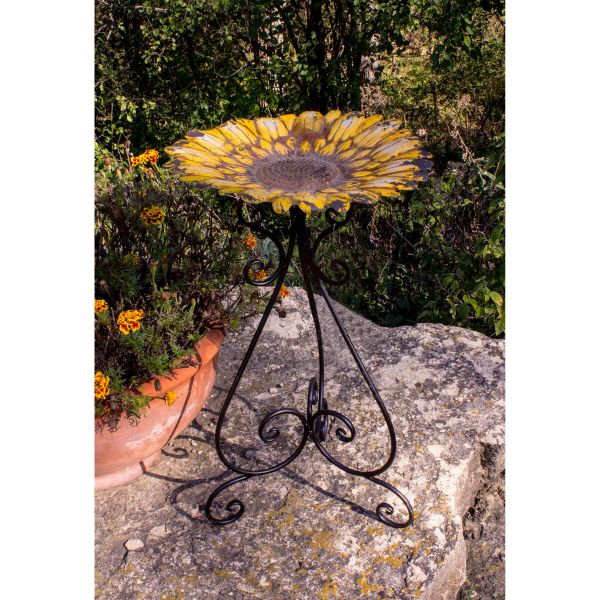 Colorful Yellow Flower 24 Inch Metal Bird Bath