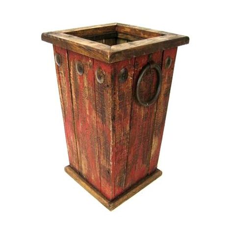 Distressed Wood Tall Square Red Planter With Liner