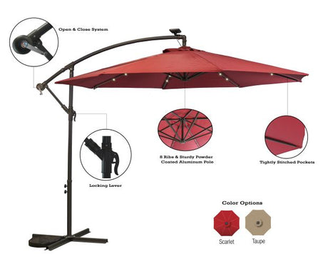 Sun-Ray 10 Feet Round Scarlet Offest Solar Umbrell With Cross Base