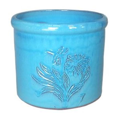 Vintage Pottery Glazed Blue Round 10 Inch Heirloom Dragonfly Crock Planter