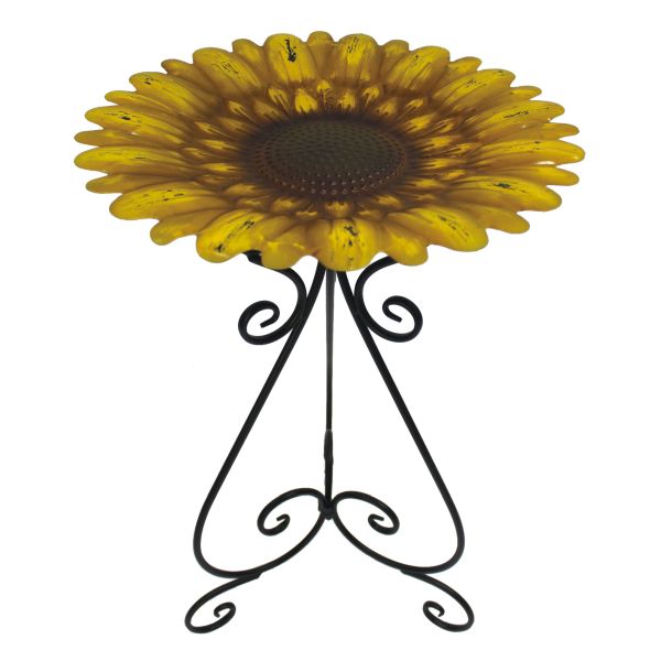 Colorful Yellow Flower 24 Inch Metal Bird Bath