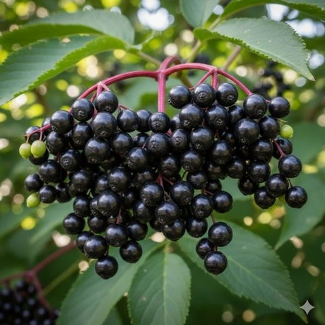 Cluster of dark purple, ripe 'Adams' Elderberries ready for harvest. A high-yield, self-pollinating shrub producing edible fruit for jams, syrups, and wine.