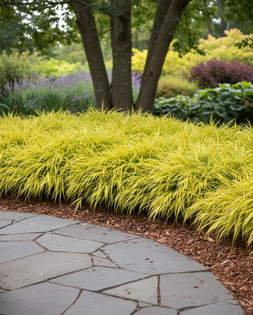 Narrow stone pathway winding through a garden with all gold Japanese forest grass and trees.