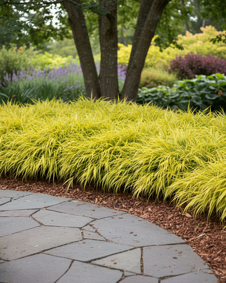 Narrow stone pathway winding through a garden with all gold Japanese forest grass and trees.
