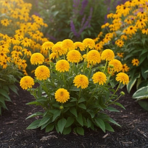 A small, established Yellow Coneflower clump with double flowers. Excellent for pollinators, cutting, and bringing drought-tolerant summer color to the front of the perennial border.