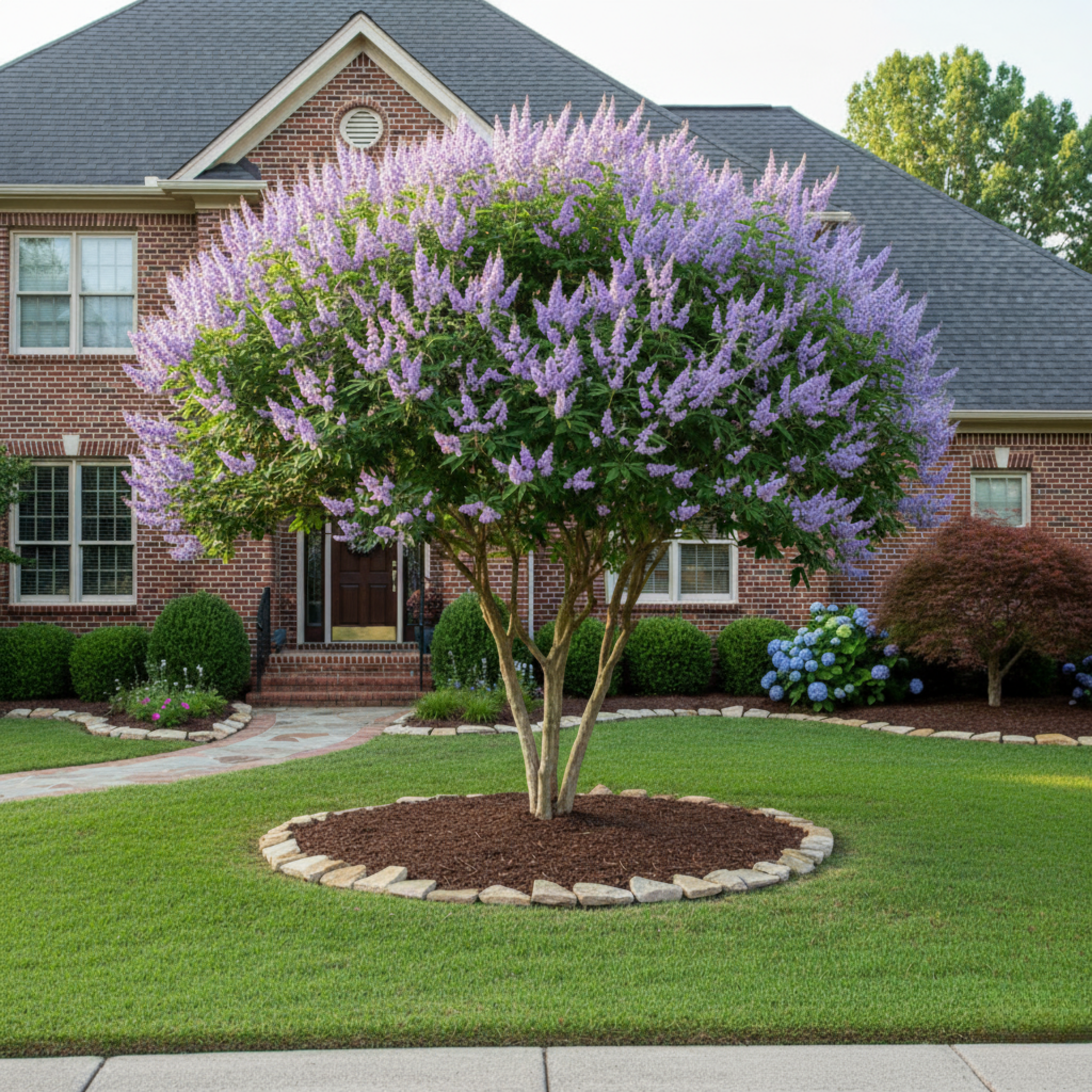 Purple flowering Chaste tree in a well-maintained garden with a brick house in the background