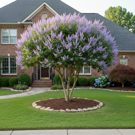 Purple flowering Chaste tree in a well-maintained garden with a brick house in the background