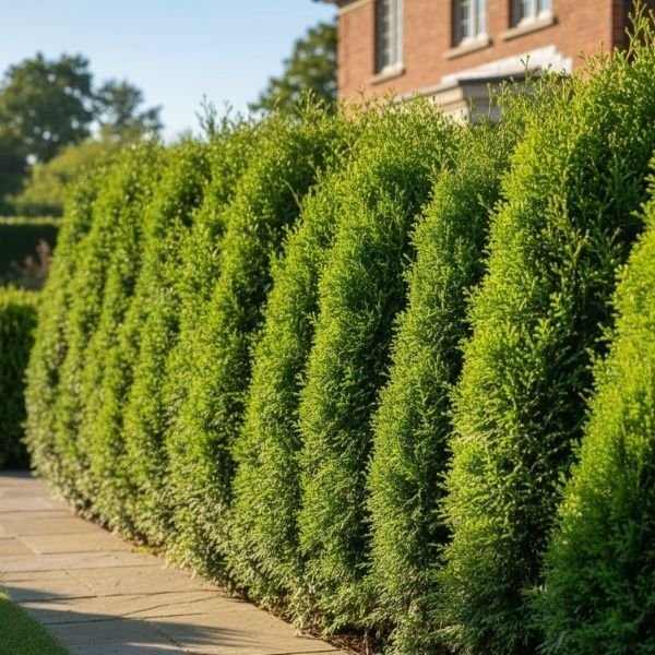 Dwarf, columnar Arborvitae used as a formal, low-maintenance evergreen hedge. Provides year-round screening and architectural interest in a landscaped setting.
