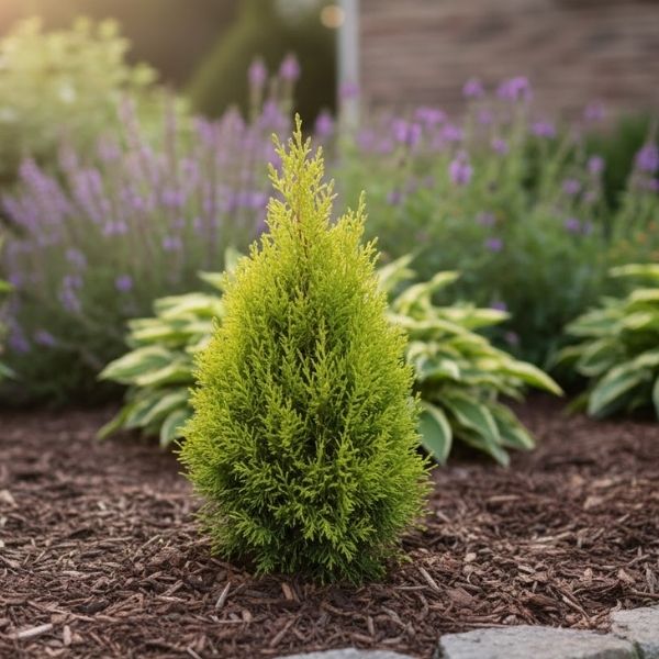 Dense, bright green foliage of the Emerald Petite cultivar. Used for a specimen or privacy hedge. Excellent winter color and deer resistance for garden definition.