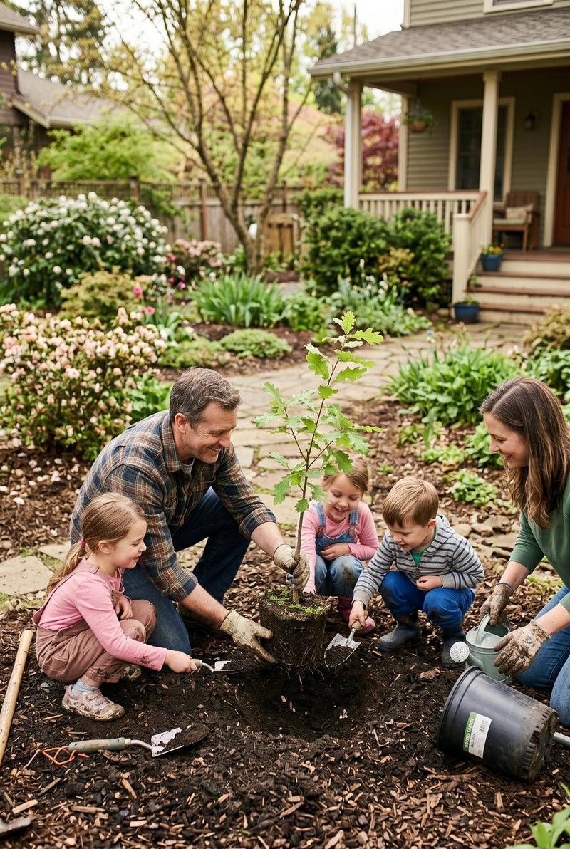 Family of five planting a tree together in a garden