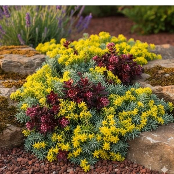 Flaming Carpet Sedum trio with mixed ground cover of blue-green (Blue Spruce), bright yellow (Angelina), and deep burgundy (Voodoo) foliage. Great for rock gardens.