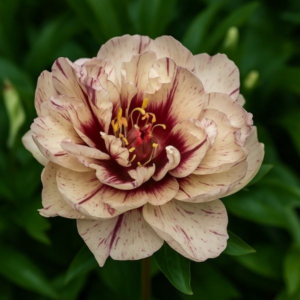 Garden Candy All That Jazz Itoh Peony. Features large, fragrant, semi-double flowers in shades of peach, cream, and pink with deep maroon flares. Sturdy stems.