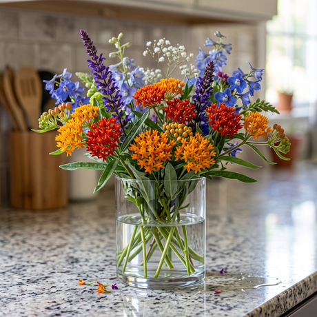 Butterfly weed Gay Butterflies blooms in orange and red in a clear glass vase with blue delphinium and purple salvia.