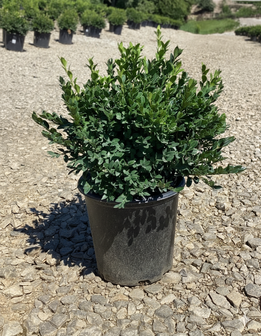 Green Velvet Boxwood on a gravel surface with other boxwood in the background