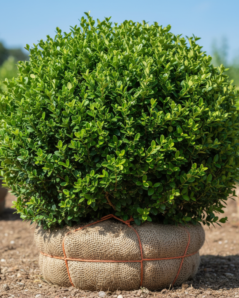 Green velvet boxwood bush in a woven pot on a dirt ground with trees in the background
