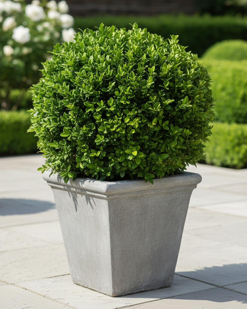 Green Velvet Boxwood in a stone pot on a wooden deck with blurred greenery in the background