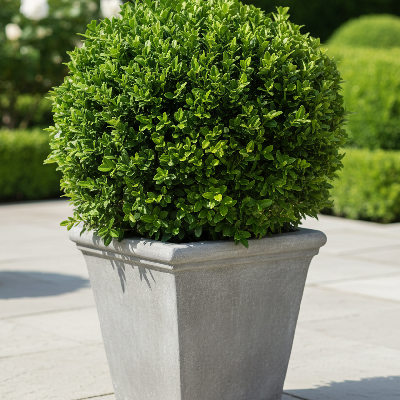 Green Velvet Boxwood in a stone pot on a wooden deck with blurred greenery in the background