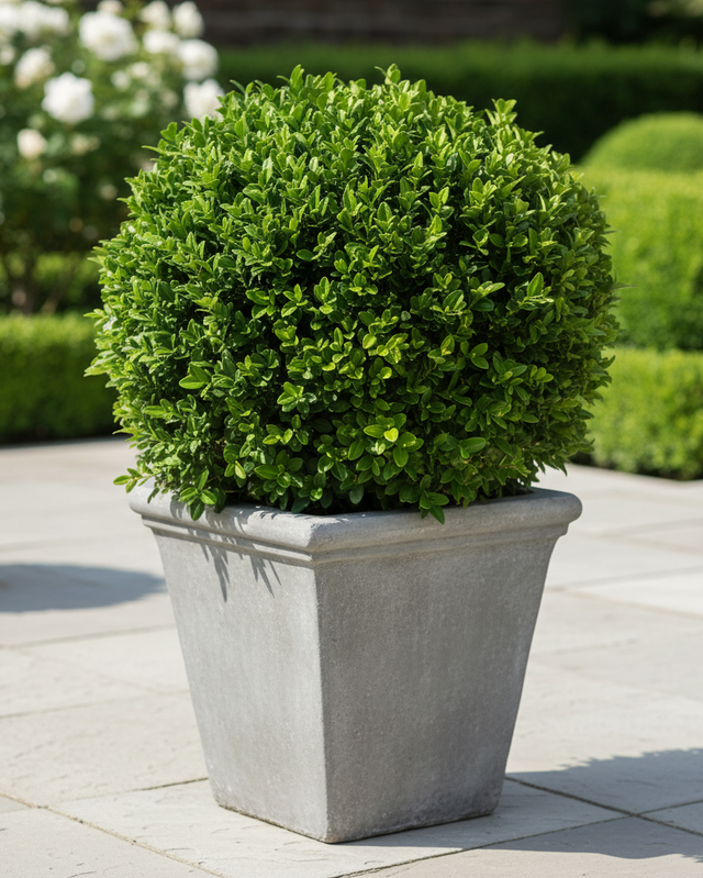 Green velvet boxwood in a stone pot on a wooden deck with blurred greenery in the background