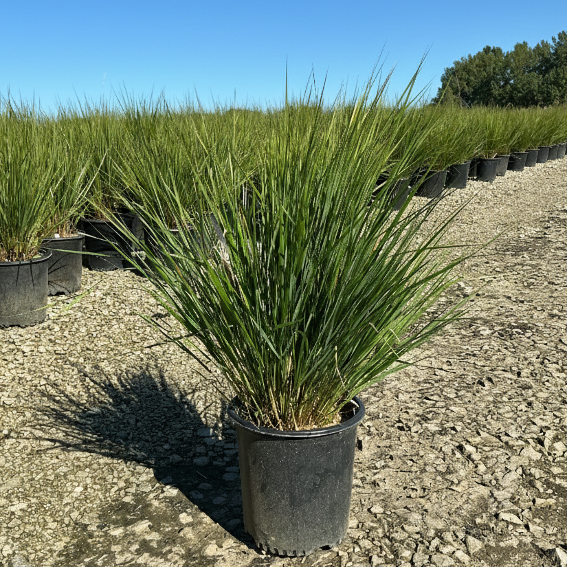 Potted 2 Gallon Karl Foerester Feather Reed Grass on a gravel surface with a clear blue sky at Natutre Hills Nursery.