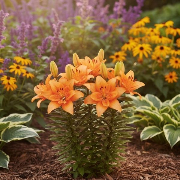 A robust clump of Tiny Double Dutch Lily showing its sturdy, short stems. This double-flowered Asiatic Lily is excellent for adding midsummer color to small perennial gardens.