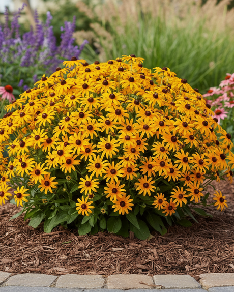 Little Goldstar Black-Eyed Susan flowers with brown centers in a garden setting surrounded by Echinacea