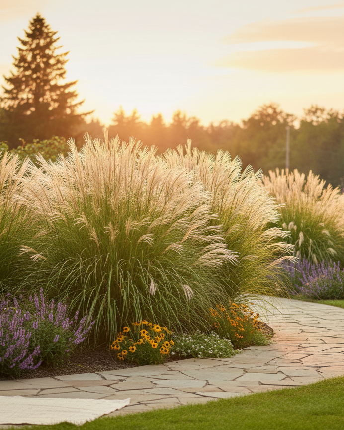 Garden scene with a stone pathway, grasses, and flowers at sunset. Maiden Grass
