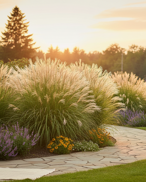 Garden scene with a stone pathway, grasses, and flowers at sunset. Maiden Grass