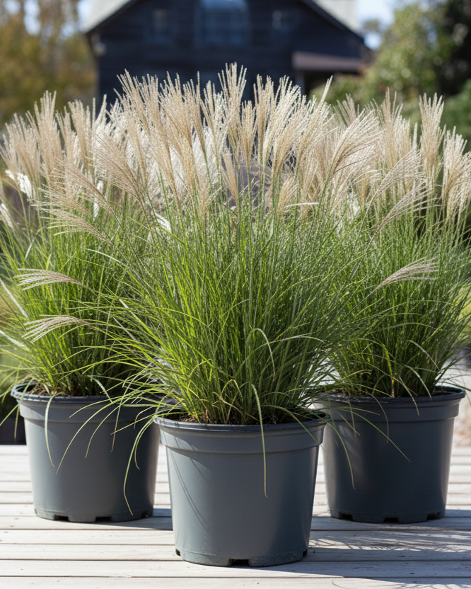 Three potted ornamental grasses on a wooden deck with a garden background