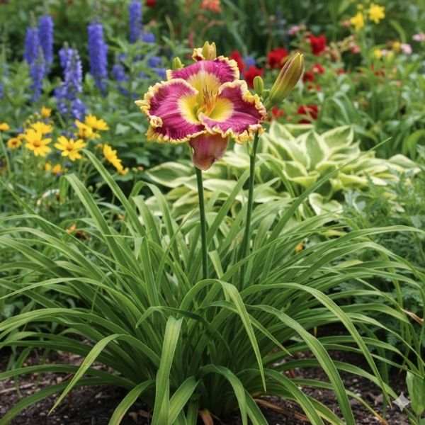 A clump of Raspberry Eclipse variety of Hemerocallis in full sun. This reblooming Daylily has large, striking flowers, great for mass planting and attracting pollinators.