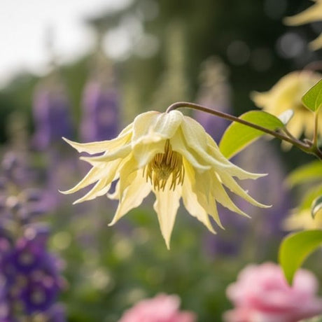 Funyella Clematis (Clematis 'Novafun'). A vigorous vining perennial trained on a trellis, displaying numerous double, bell-shaped, nodding blooms in a mix of purple and magenta.