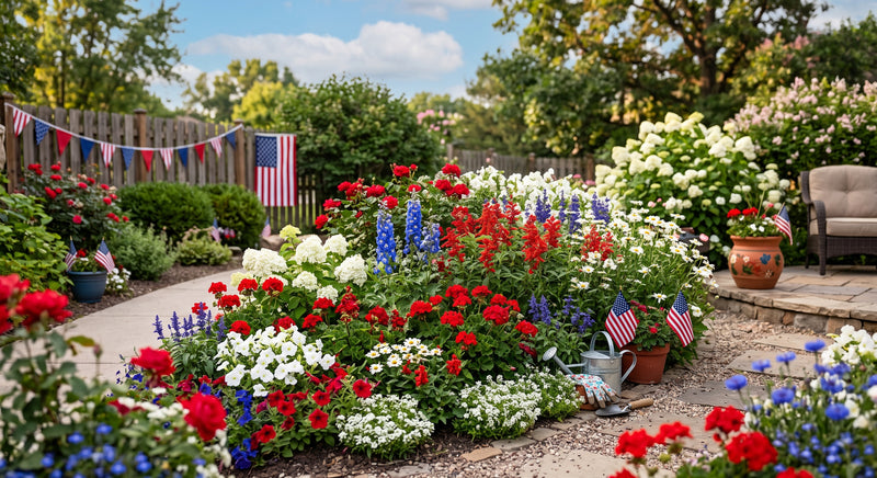 Colorful flower garden with American flags in a backyard setting