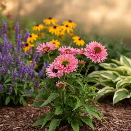 Sunseekers Salmon Coneflower (Echinacea purpurea hybrid). Features large, semi-double, coral-salmon blooms with a vibrant orange-brown central cone. Vigorous perennial.