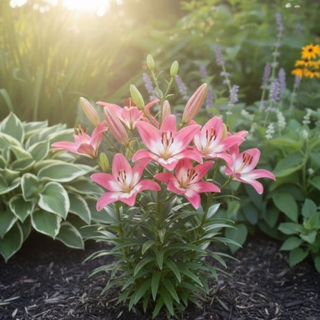 A robust clump of Asiatic Lily showing its upright growth in a garden border. This dwarf variety is excellent for containers or adding midsummer color to the front of a bed.
