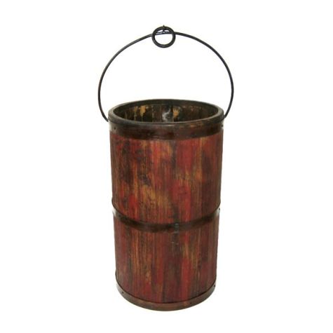 Distressed Wood Round Red Planter With Liner