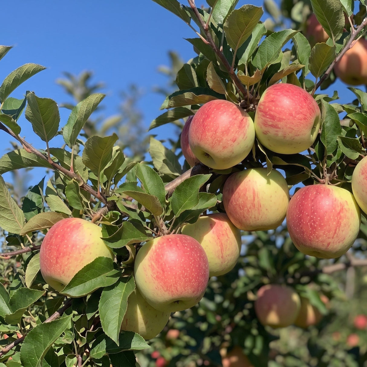 Ambrosia apples ripening on the tree, showing yellow-green skin with bright red blush, clustered heavily on leafy branches.
