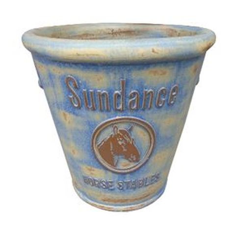 Vintage Pottery Rustic Blue Cream 11 Inch Sundance Horse Water Pail