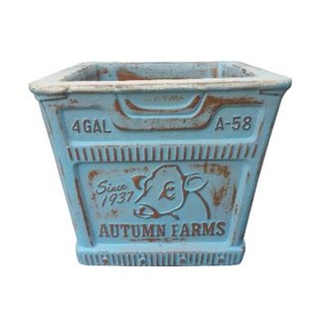 Vintage Pottery Rustic Blue 13 Inch Artisan Dairy Milk Crate Planter