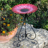 Colorful Red Flower 24 Inch Metal Bird Bath