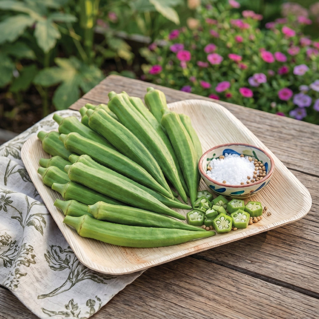 Fresh Baby Bubba Okra pods arranged on a bamboo plate with sliced cross-sections and a small bowl of salt and coriander seeds.