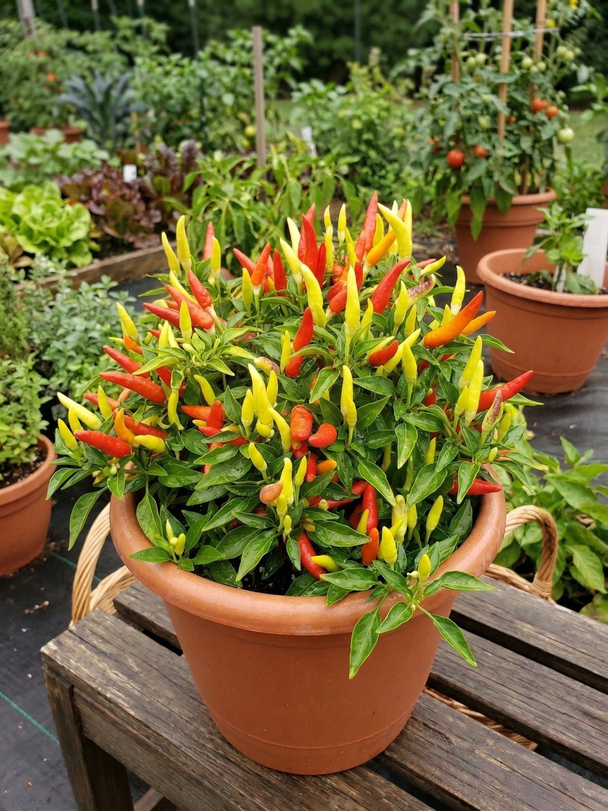 Basket of Fire Pepper plant covered in colorful yellow, orange, and red upright chili peppers growing in a terracotta container.