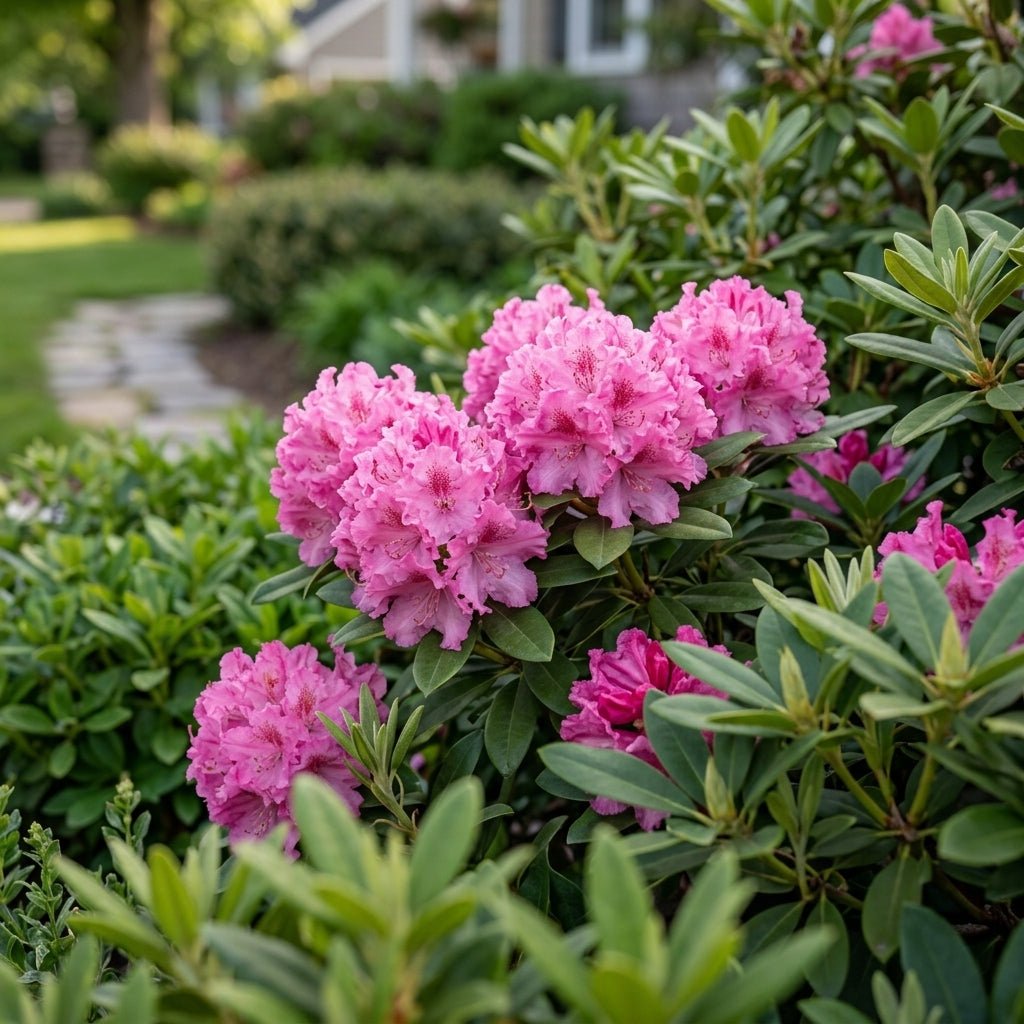 Bessie Howells Rhododendron displaying dense clusters of bright pink blooms amid dark green foliage in a garden border.
