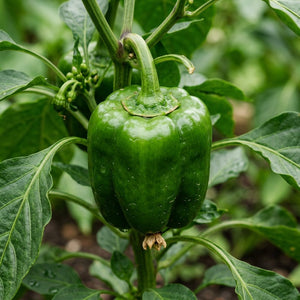 Close-up of a Better Belle Pepper showing a glossy green bell pepper on the plant in natural light.