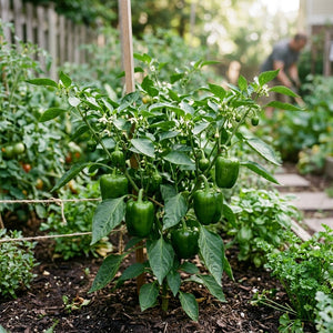 Better Belle Pepper plant with green foliage and growing peppers in a residential garden setting.