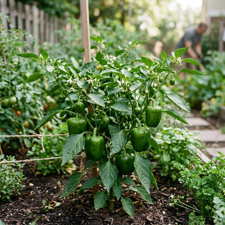 Better Belle Pepper plant with green foliage and growing peppers in a residential garden setting.