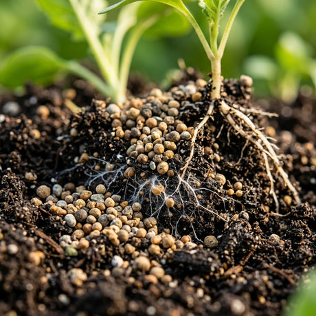 Close-up of Bio-tone Starter Plus granular plant food and active mycorrhizae in rich dark soil around a seedling.