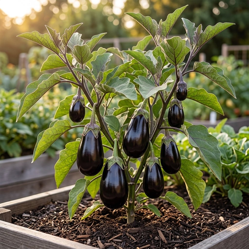 Eggplant plants with dark green fruits in a garden setting