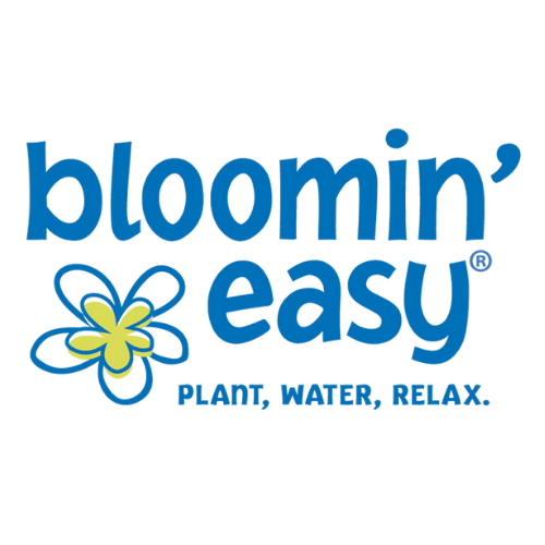 Bloomin Easy brand logo with blue text and a stylized flower graphic and the tagline Plant Water Relax.