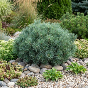 Blue Shag Dwarf White Pine (Pinus strobus 'Blue Shag'), a shrub featuring conical, horizontal form.