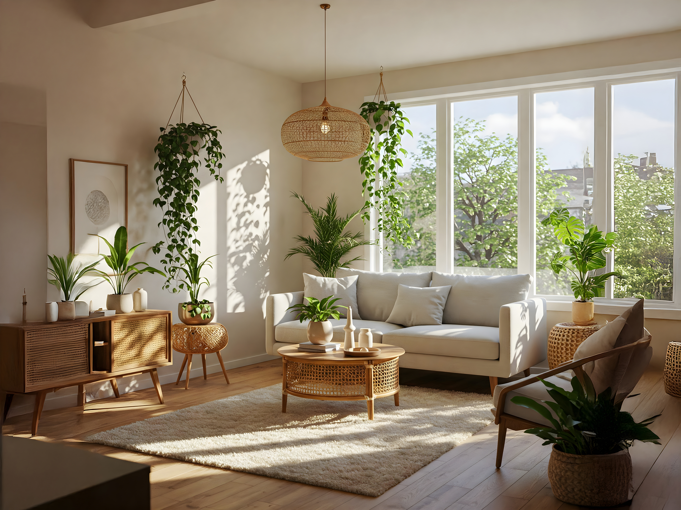 Sunlit bohemian living room filled with trailing pothos, monstera, and palm houseplants alongside rattan furniture.